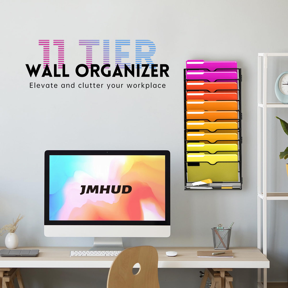 11-Tier Wall File Organizer and Hanging File Organizer with Base, Black