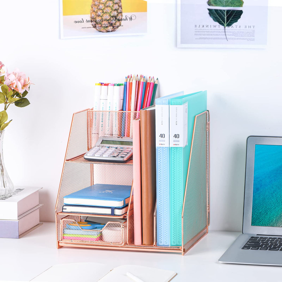 Topwey Rose Gold Desk Accessories, Office Supplies Desk Organizer Caddy with Sliding Drawer, Double