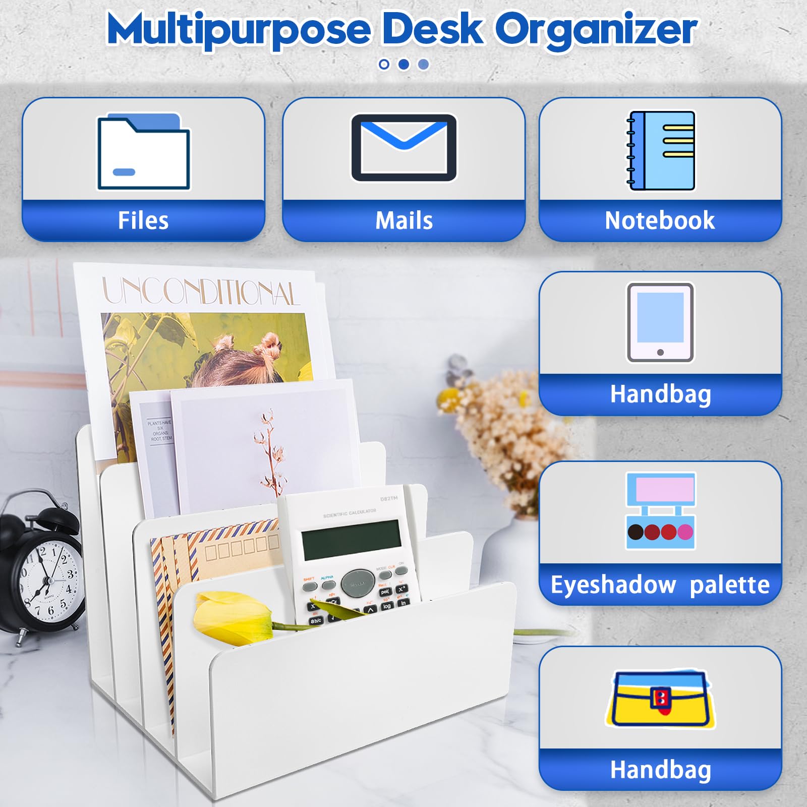 Goihgioh 4 Section White Acrylic Desk Organizer and Accessories, Sturdy & Thick Acrylic File Folder