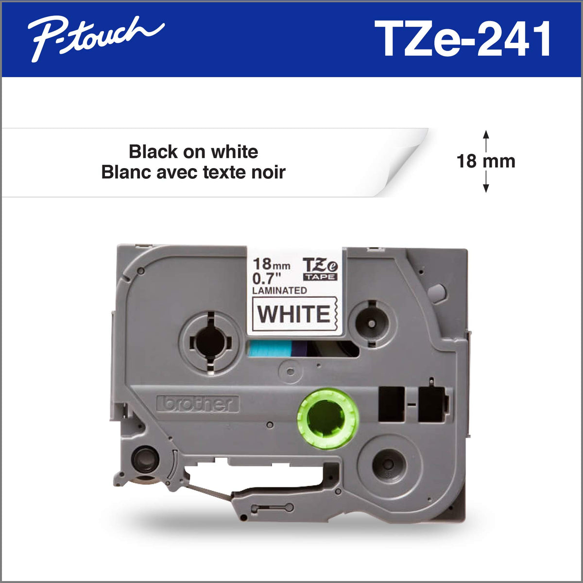 Brother TZe-241 P-Touch Laminating Tape, Width 0.7 inches (18 mm) (Black Letter/White)