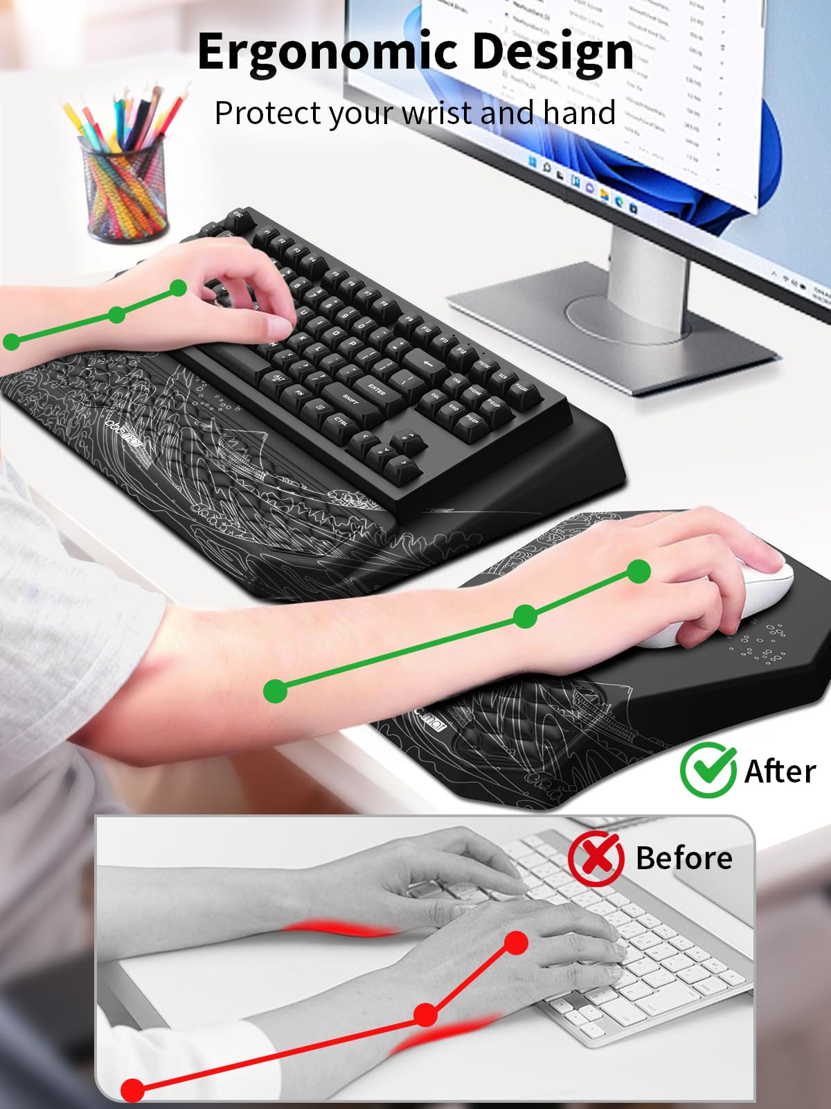 3-in-1 Ergonomic Keyboard Stand with Wrist Rest & Mouse Pad Set, Black Wave