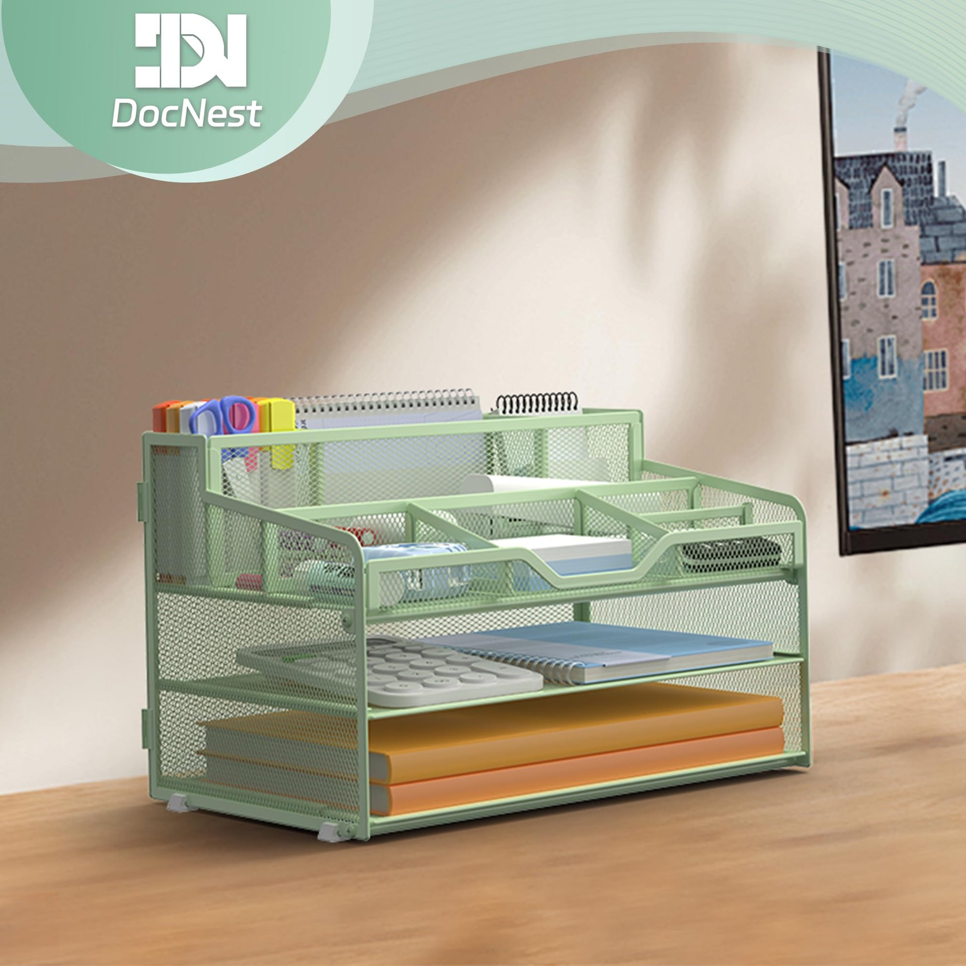 Docnest 3 Tier Mesh Desk Organizer with Letter Tray & Paper Sorter, Green