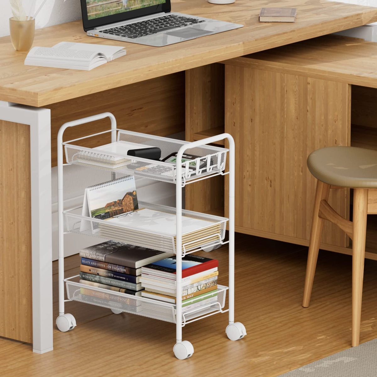 3-Tier Mesh Rolling Cart - 24.8" H Fits Under Desk Metal Cart with Wheel