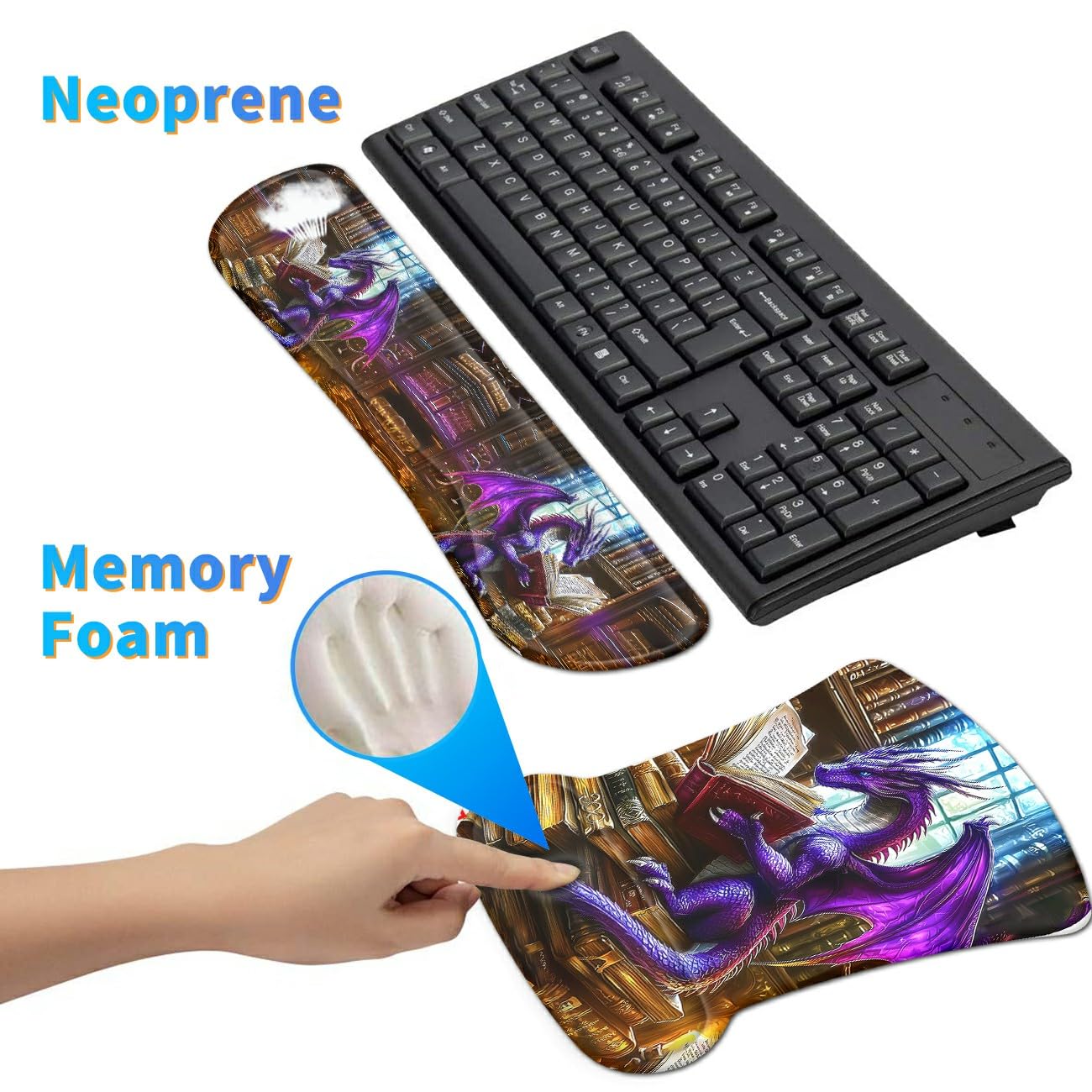Dikoer 3Pcs Ergonomic Memory Foam Keyboard Wrist Rest Pad Set, Dragon Book