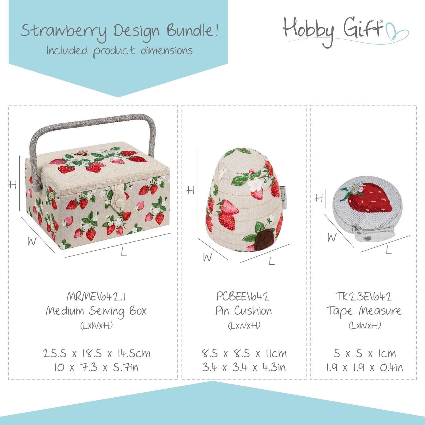 Hobby Gift Strawberry Sewing Box Gift Bundle with Matching 60 Inch Tape Measure and Pin Cushion