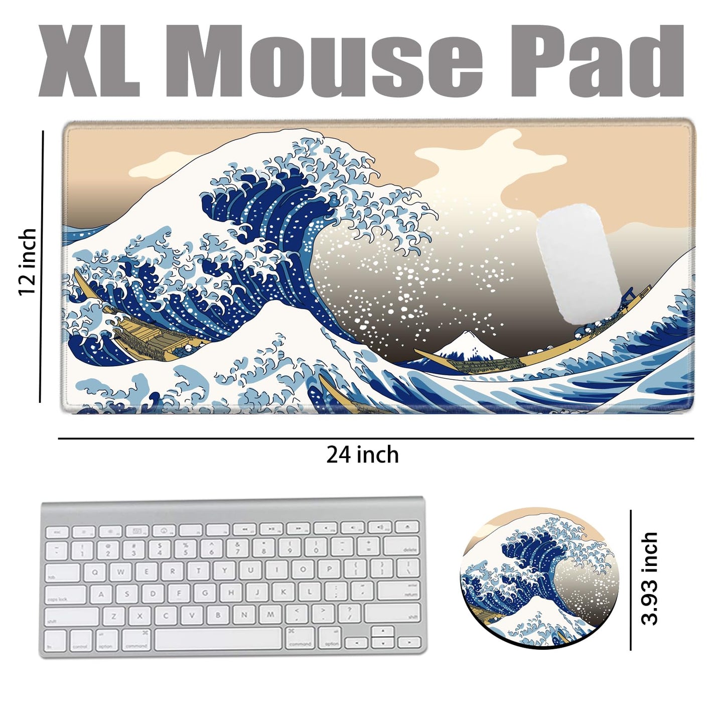 Gaming Mouse Pad Japanese Sea Wave Mousepad 24x12 Desk Pad XL Ocean Desk Mat Long Extended Computer