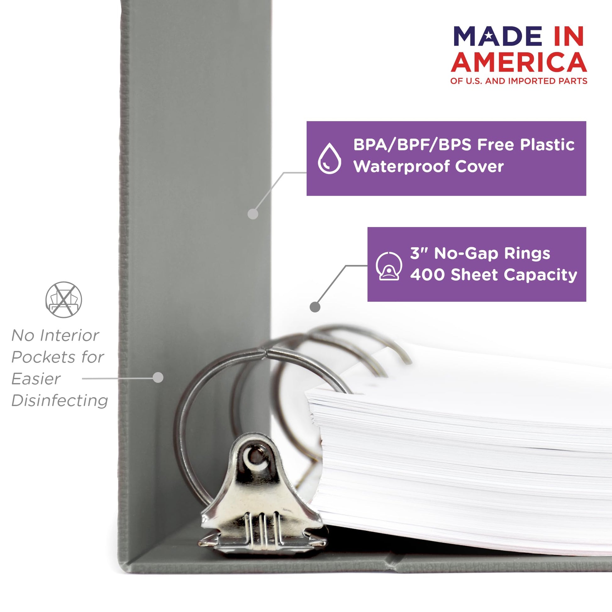 Carstens 3-Inch Heavy Duty 3-Ring Binder - Side Opening, Ash Gray, Durable Plastic, Precision
