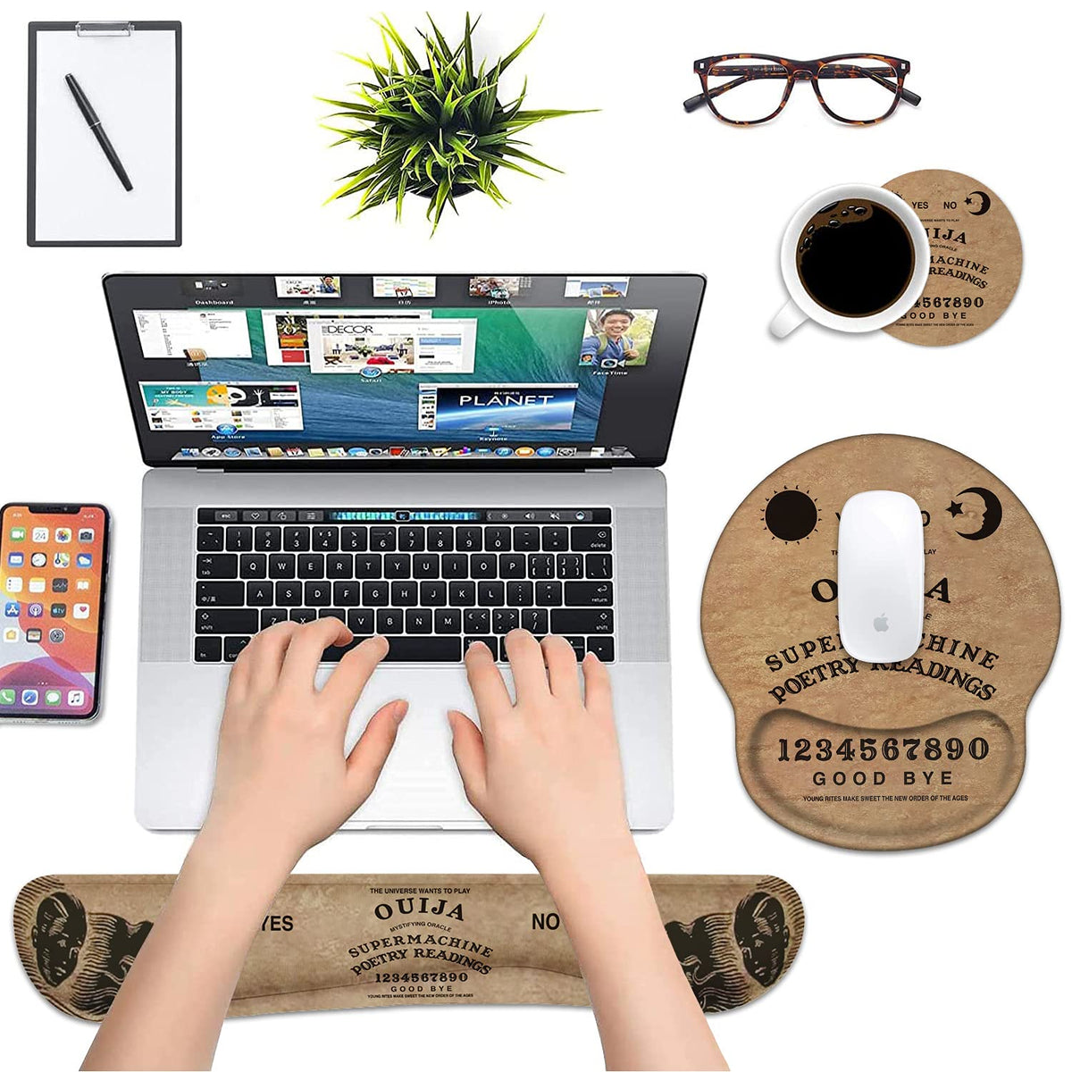 LOWORO Keyboard Wrist Rest and Mouse Pad Wrist Support Set with Coasters, Non-Slip PU Base