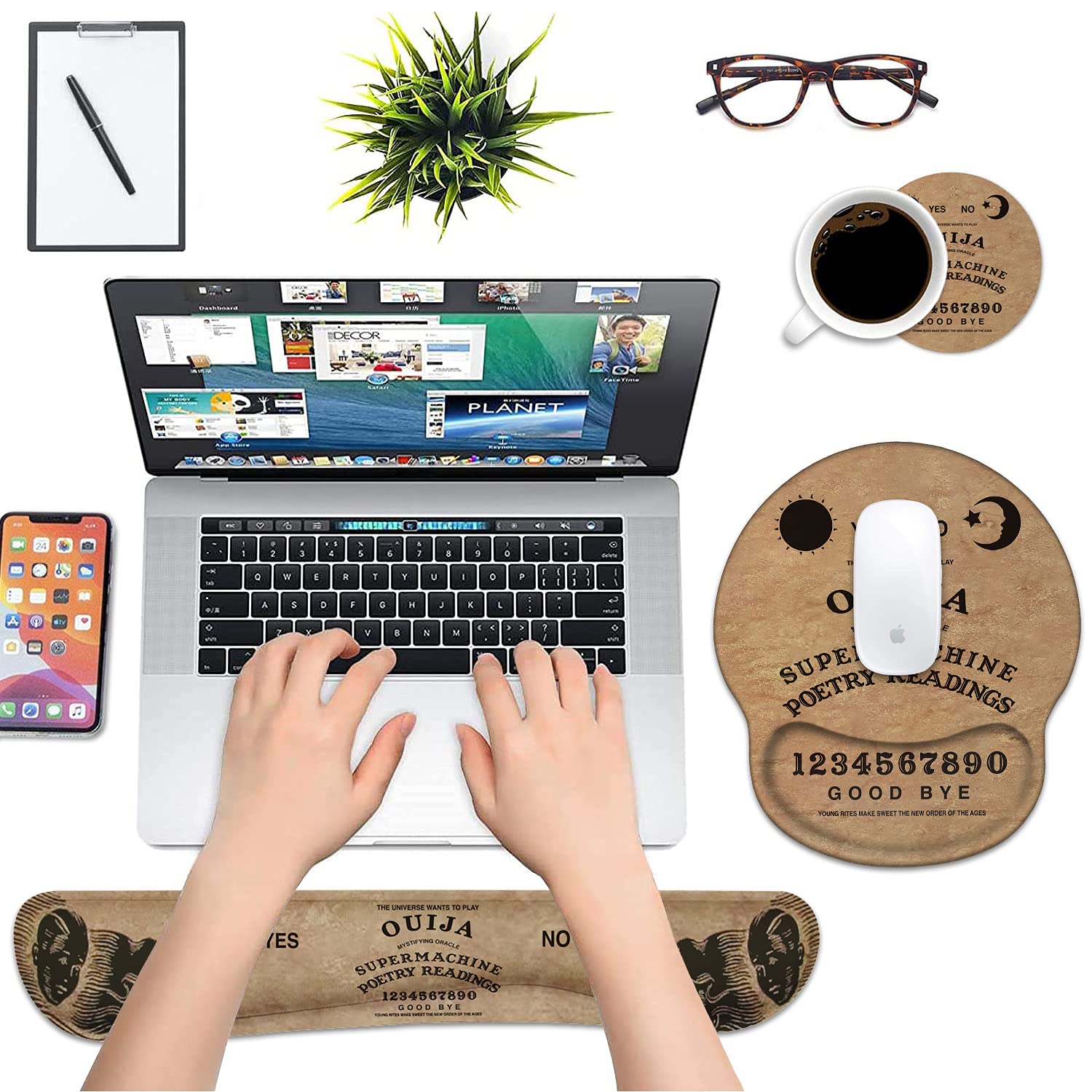 LOWORO Keyboard Wrist Rest and Mouse Pad Wrist Support Set with Coasters, Non-Slip PU Base