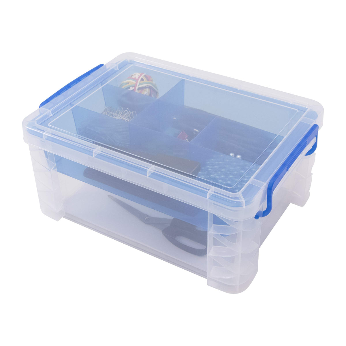Advantus Super Stacker Divided Storage Box, 6 Sections, 6.5" x 10.3" x 14.3", Clear/Blue