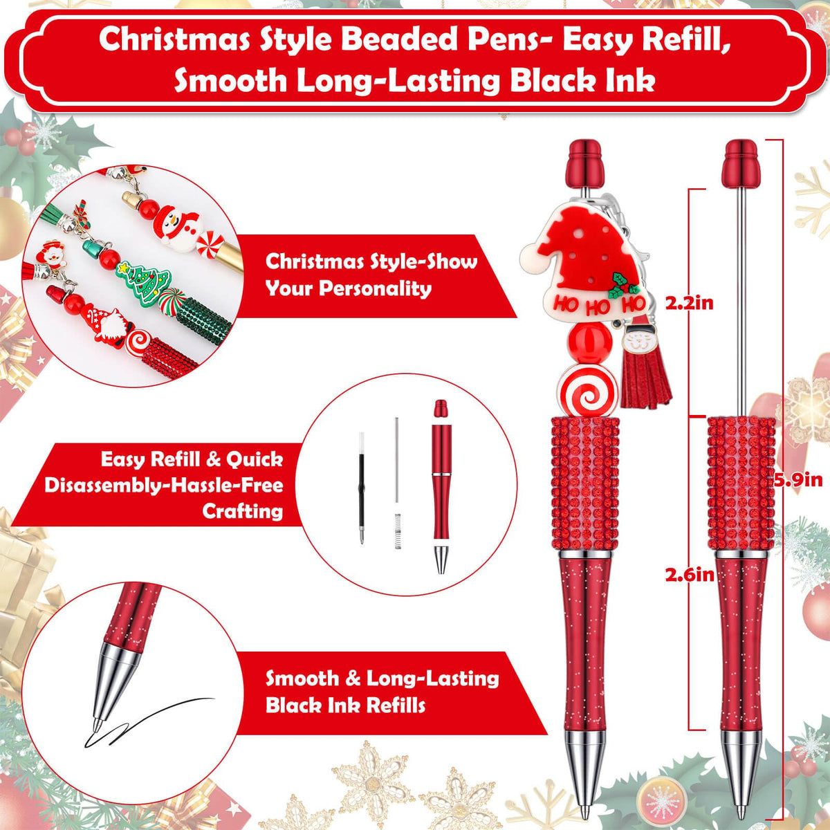 Tetutor 326 Pcs Christmas Beaded Pens Bulk,30 Sets Christmas Pens Bulk with Christmas Focal Beads