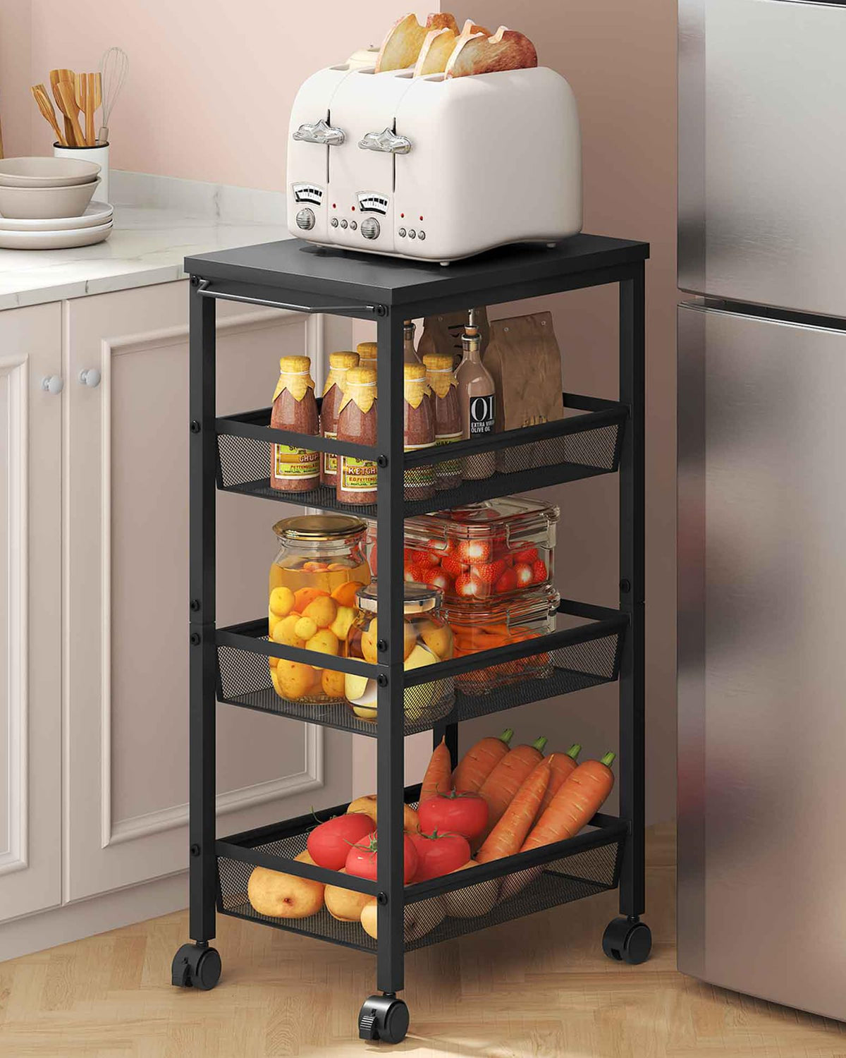 Hoctieon Rolling Storage Cart, 4-Tier 11.8" Wide Panel Rolling Kitchen Storage Cart, Utility Carts