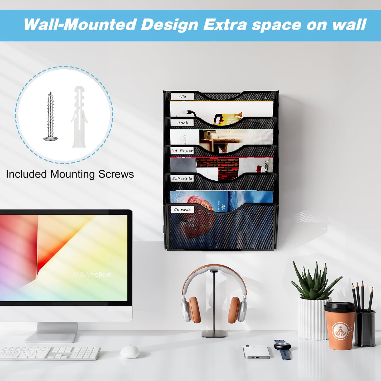 Solinxe Wall Hanging File Holder 5 Pocket Wall Mounted Paper Organizer Magazine File Holder Storage