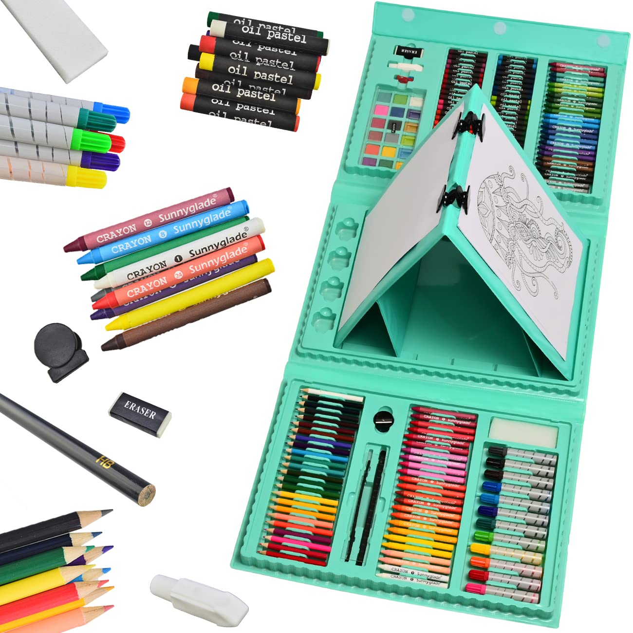 Sunnyglade 185 Pieces Double Sided Trifold Easel Art Set Art Supplies Green