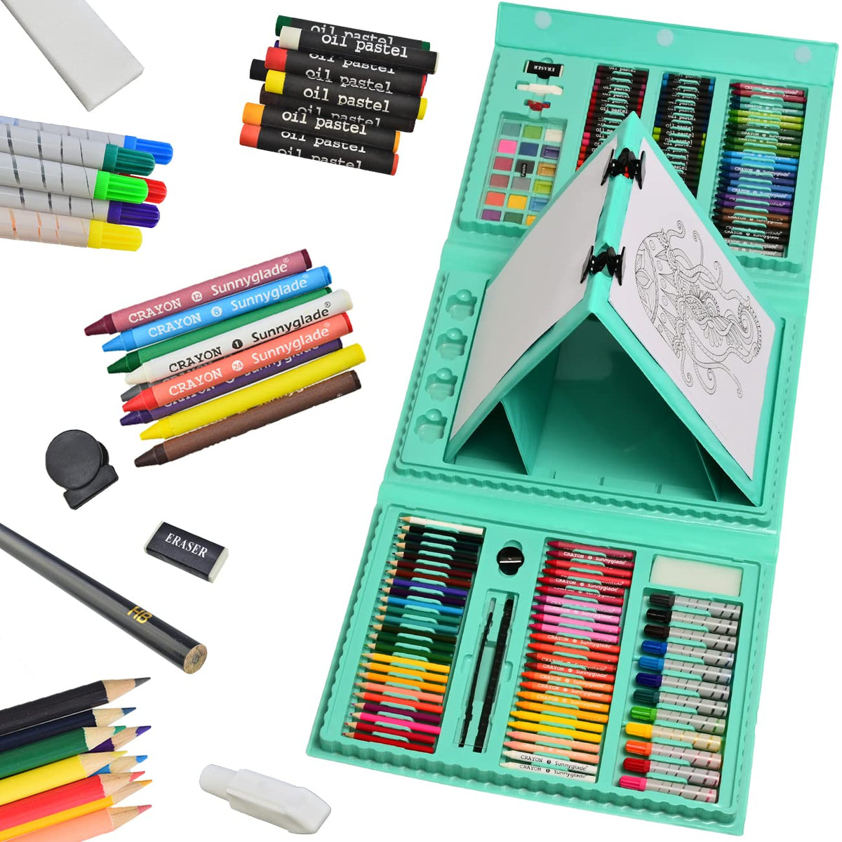 Sunnyglade 185 Pieces Double Sided Trifold Easel Art Set Art Supplies Green