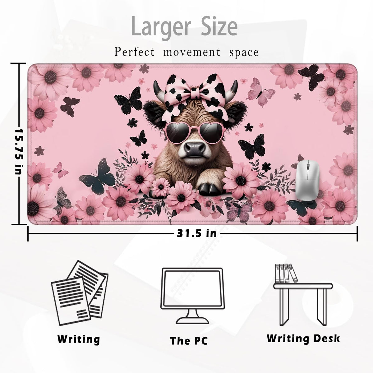 Foritho Funny Pink Floral Highland Cow Mouse Pad 31.5x15.7inch, Cute Heifer Cow Print Mouse Pads
