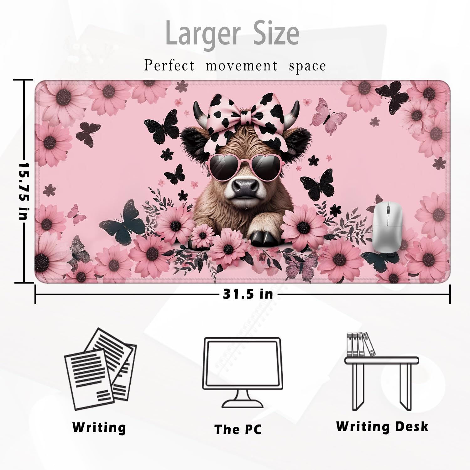 Foritho Funny Pink Floral Highland Cow Mouse Pad 31.5x15.7inch, Cute Heifer Cow Print Mouse Pads