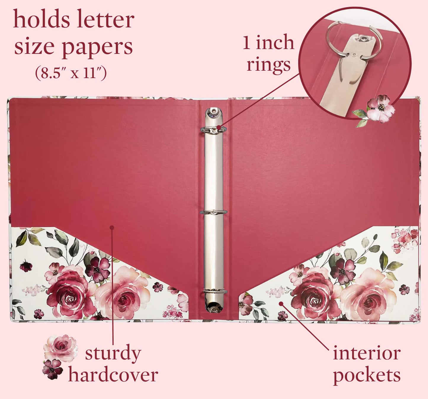 Steel Mill & Co. 1-Inch Hardcover 3 Ring Binder, Rose Floral