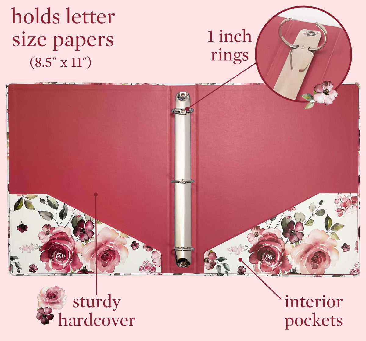 Steel Mill & Co. 1-Inch Hardcover 3 Ring Binder, Rose Floral