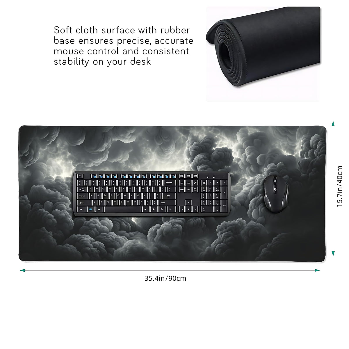 Aesthetic Cloud Gaming Mouse Pad, Grey Dark Epic Desk Mat with Anti-Slip Base & Stitched Edges