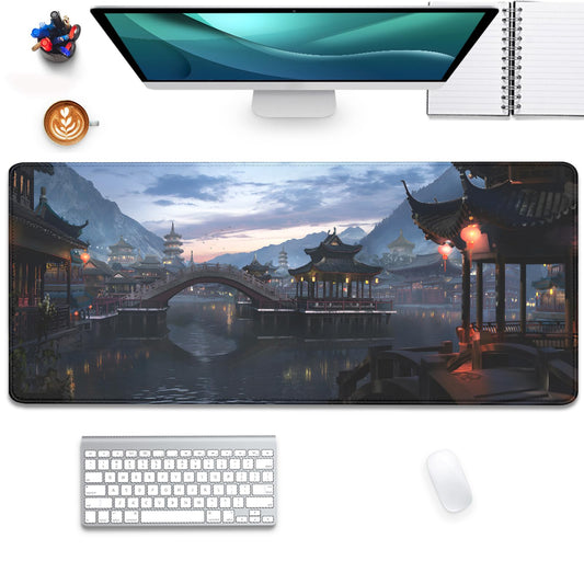 Japanese Style Ancient Pavilion Sky Mountains Extended Desk Pad Mouse Pad,Stitched Edges Non-Slip