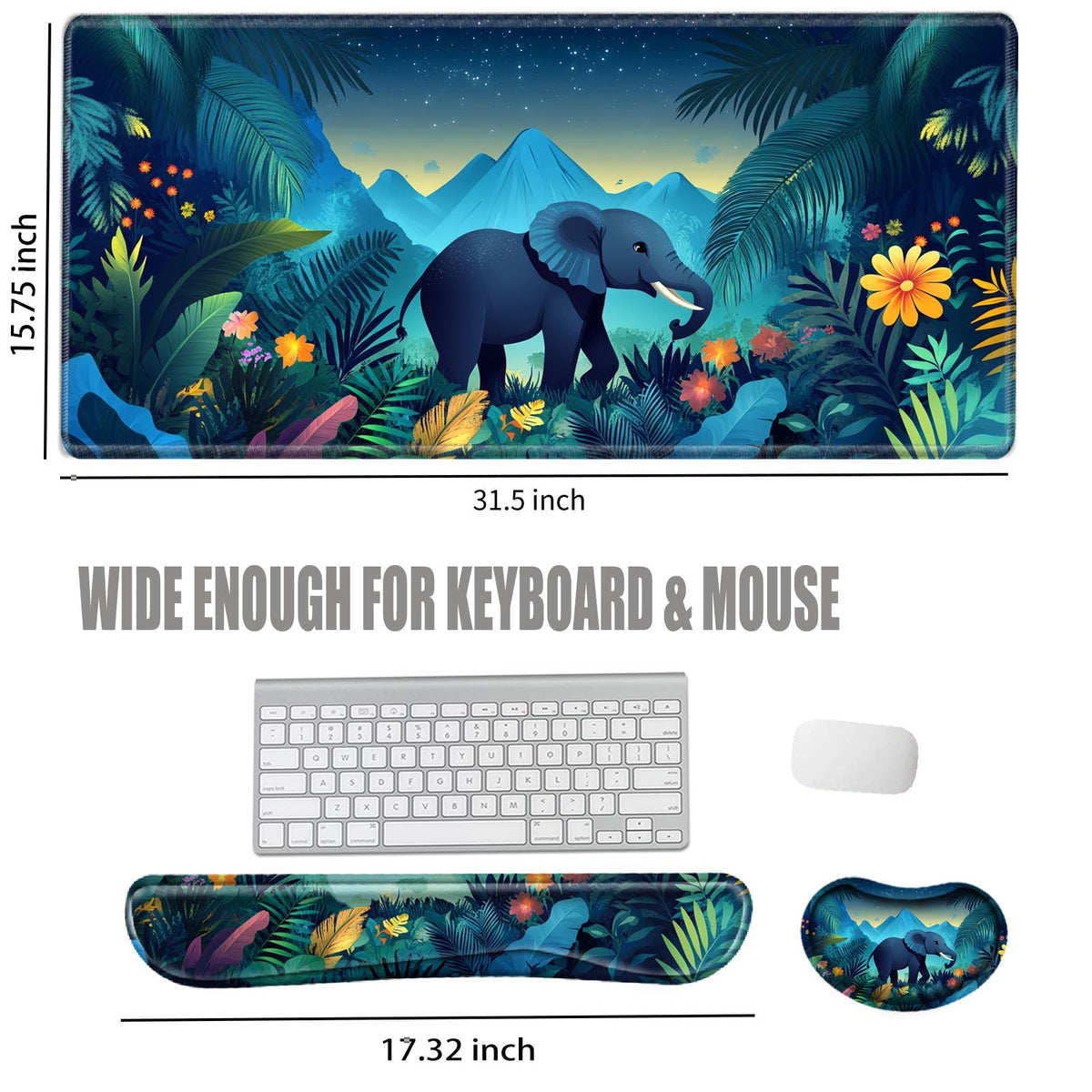 Elephant Mouse Pad and Keyboard Wrist Rest Animal Desk Mat Set Gaming Mousepad with Wrist Support