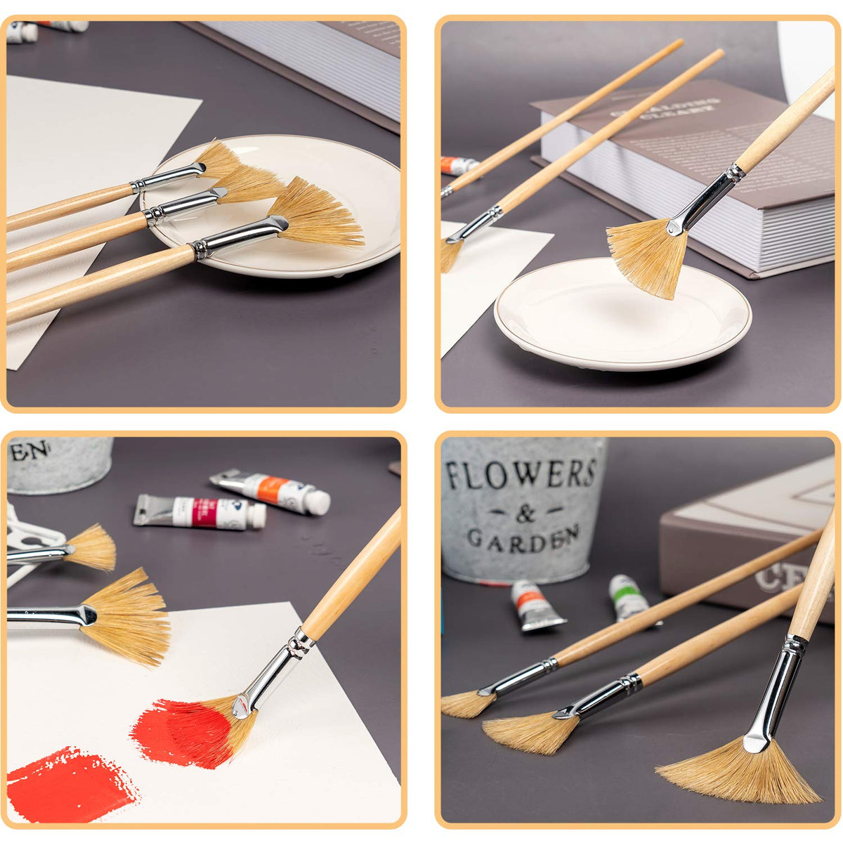 Artist Fan Paint Brush Set of 6, Hog Bristle Natural Hair Anti-Shedding Brush Tips, Long Wooden