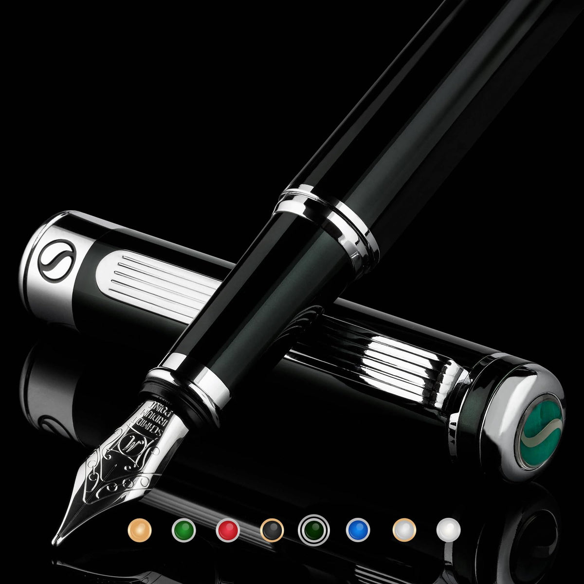 Scriveiner Black Green Fountain Pen - Stunning Luxury Pen with Chrome Finish, Schmidt Nib (Medium)