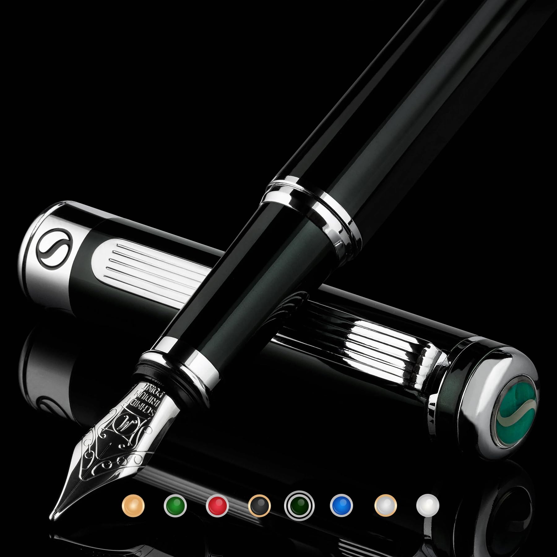 Scriveiner Black Green Fountain Pen - Stunning Luxury Pen with Chrome Finish, Schmidt Nib (Medium)