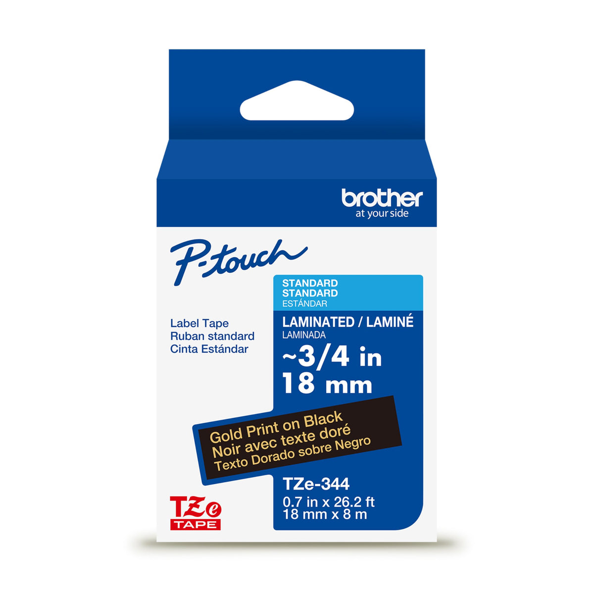 Brother Genuine P-Touch TZe Gold Print on Black Label Tape (TZe344), Laminated,3/4in x 26.2ft (18mm