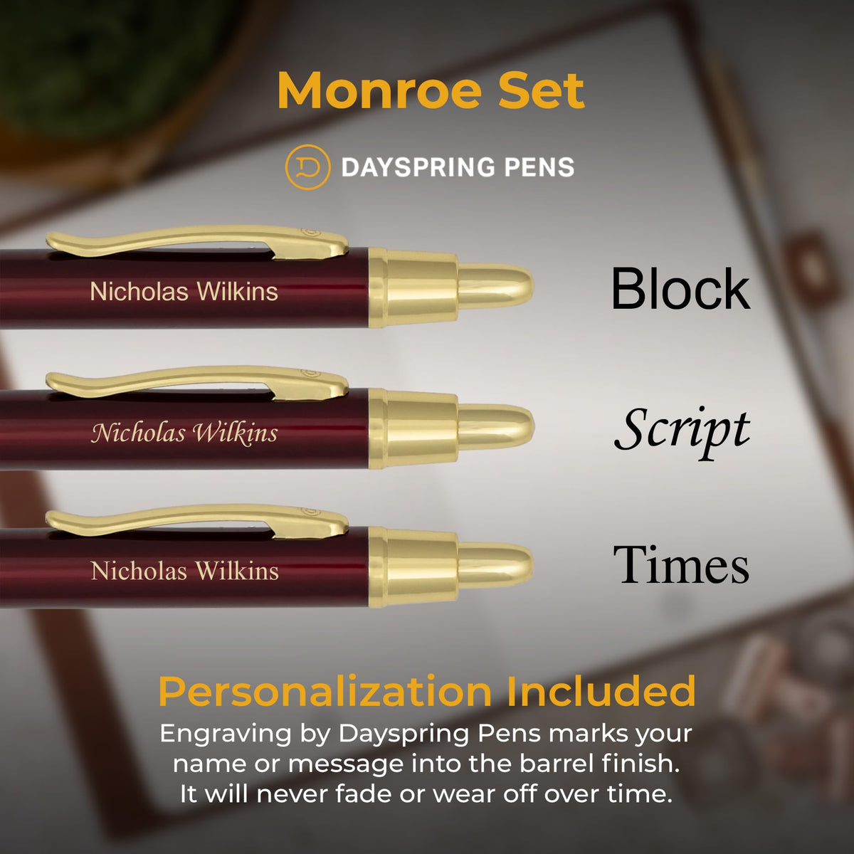 Dayspring Pens Monroe Personalized Pen & Pencil in Red Lacquer, Gold Trim