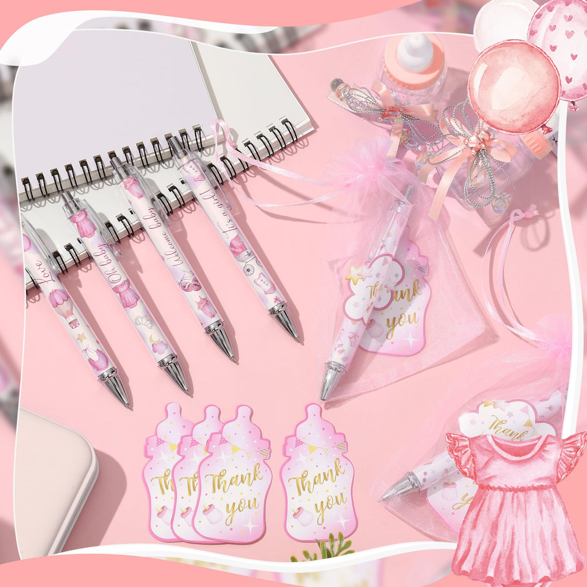 Chuangdi 50 Sets Pink Baby Shower Favors for Guests – 50 Ballpoint Pens with Organza Gift Bags &