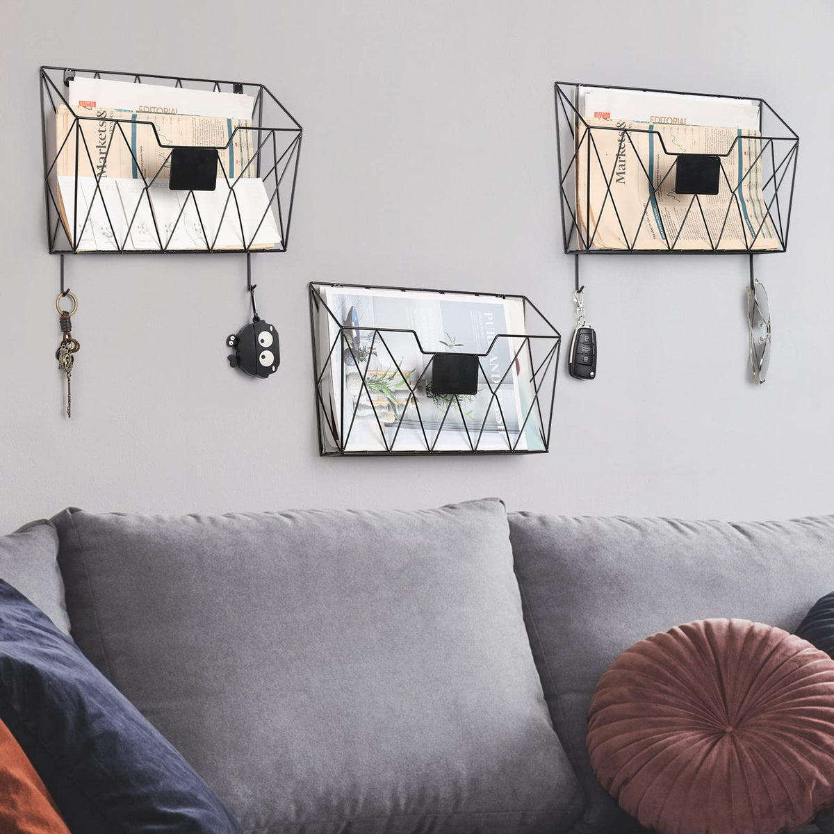 YBING Wall File Organizer, Hanging File Holder & Basket Set of 3, Black