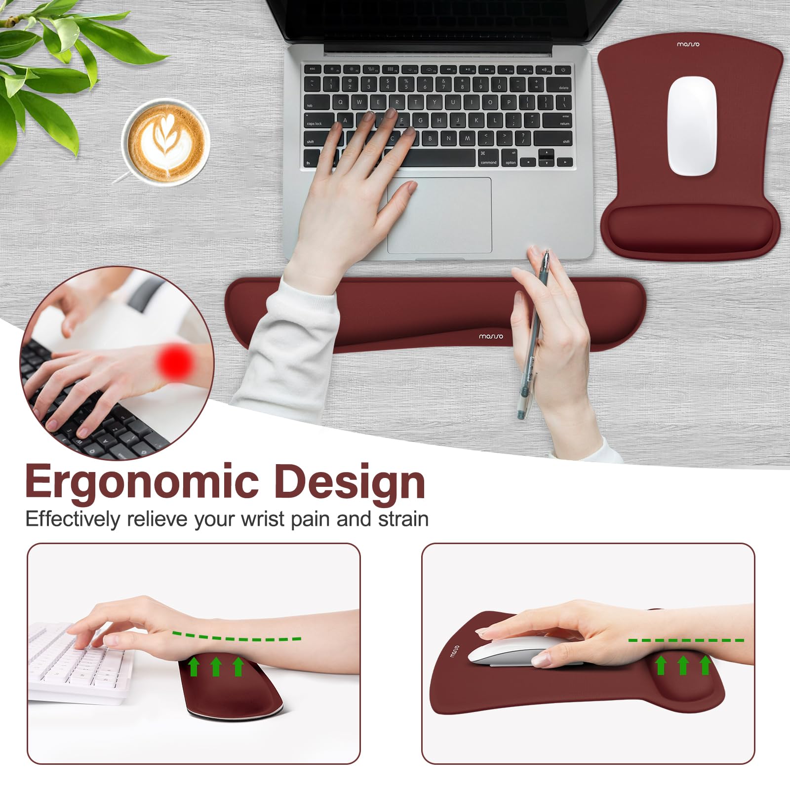 MOSISO Wrist Rest Support for Mouse Pad & Keyboard Set, Wine Red