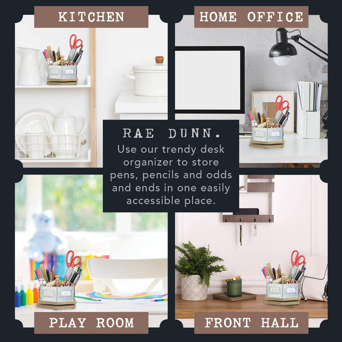 Rae Dunn Pencil Holder Cup - Spinning Metal Pen and Office Supplies 6 Compartment Desktop Organizer