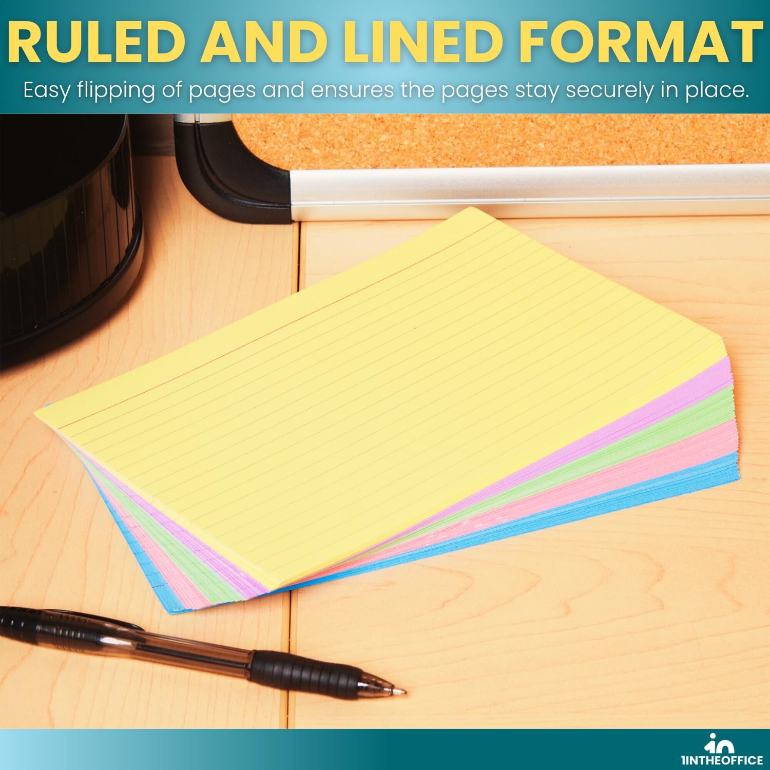 1InTheOffice Index Card 5x8 Ruled, Lined Note Cards, Flash Cards, Assorted Colors, 300/Pack