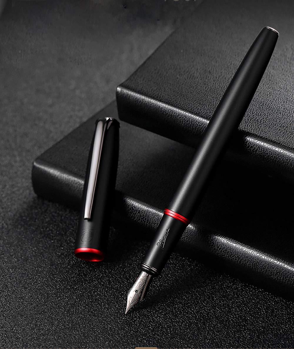 erofa Picasso 916 Matte Black & Red Ring Fountain Pen with Box - Titanium Gray Extra Fine Nib