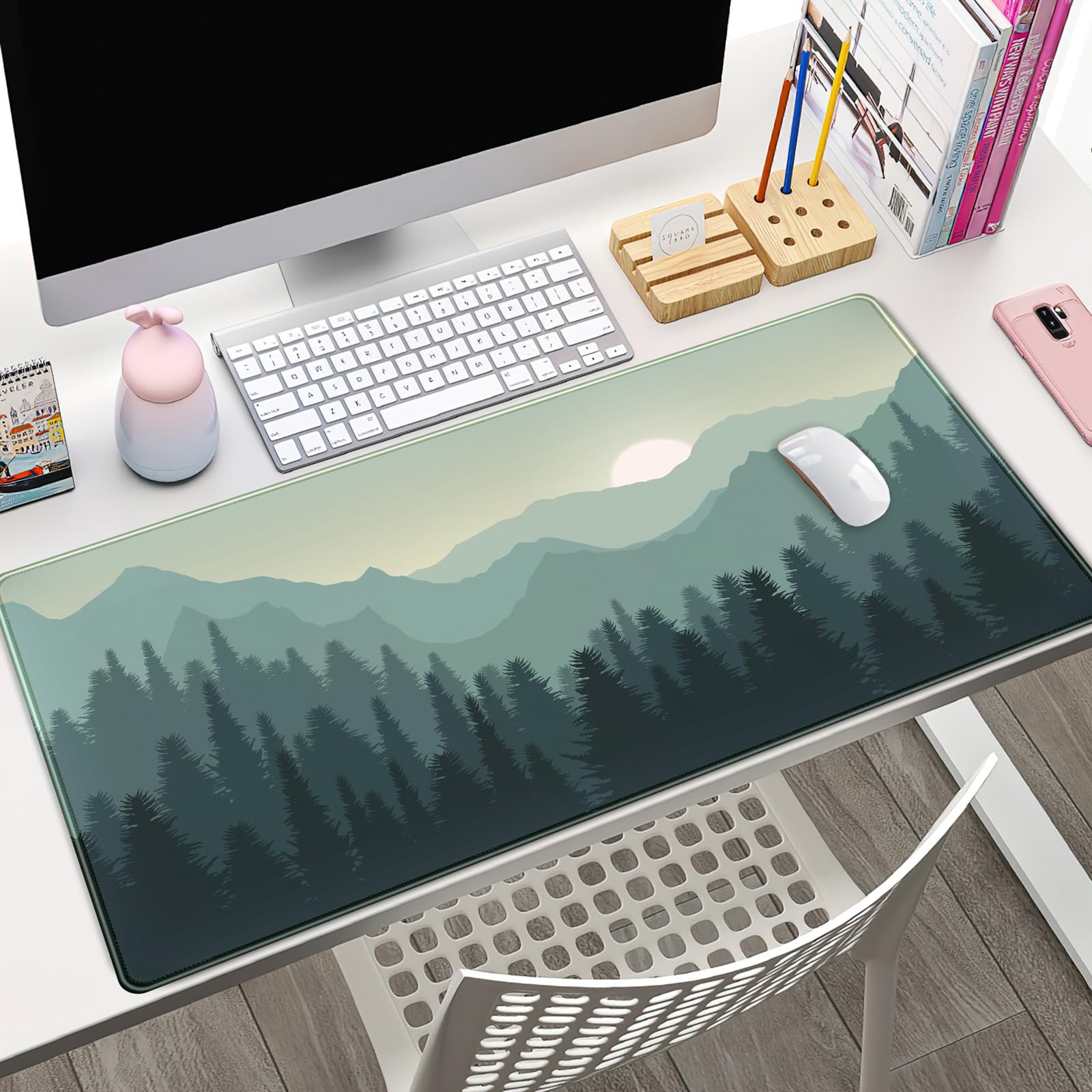 Forest Desk Mat Green Nature Large Mouse Pad XXL 31.5''X 15.7'' Landscape Aesthetic Desk Pad Gaming