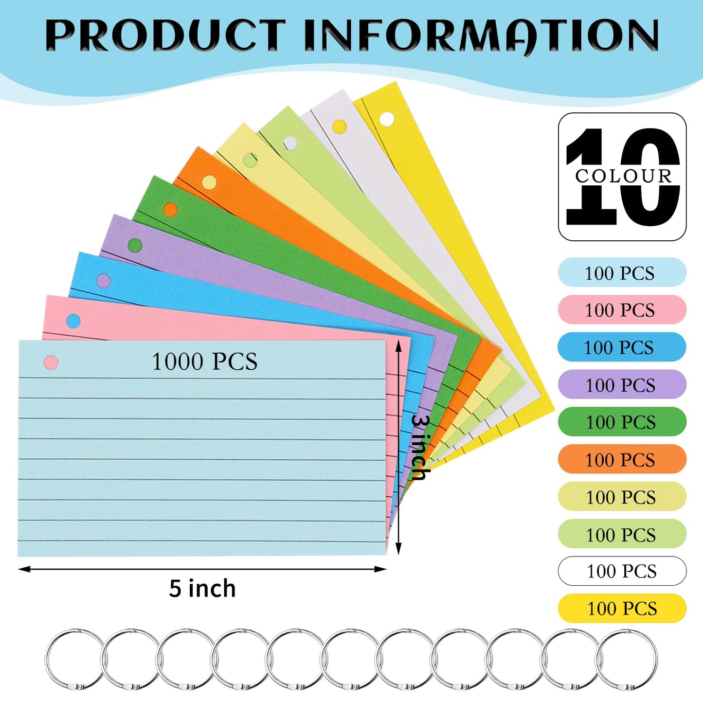 1000 PCS Index Cards 3x5 Inches Colored Flash Cards with Ring, Punched Lined Flashcards Ruled Index