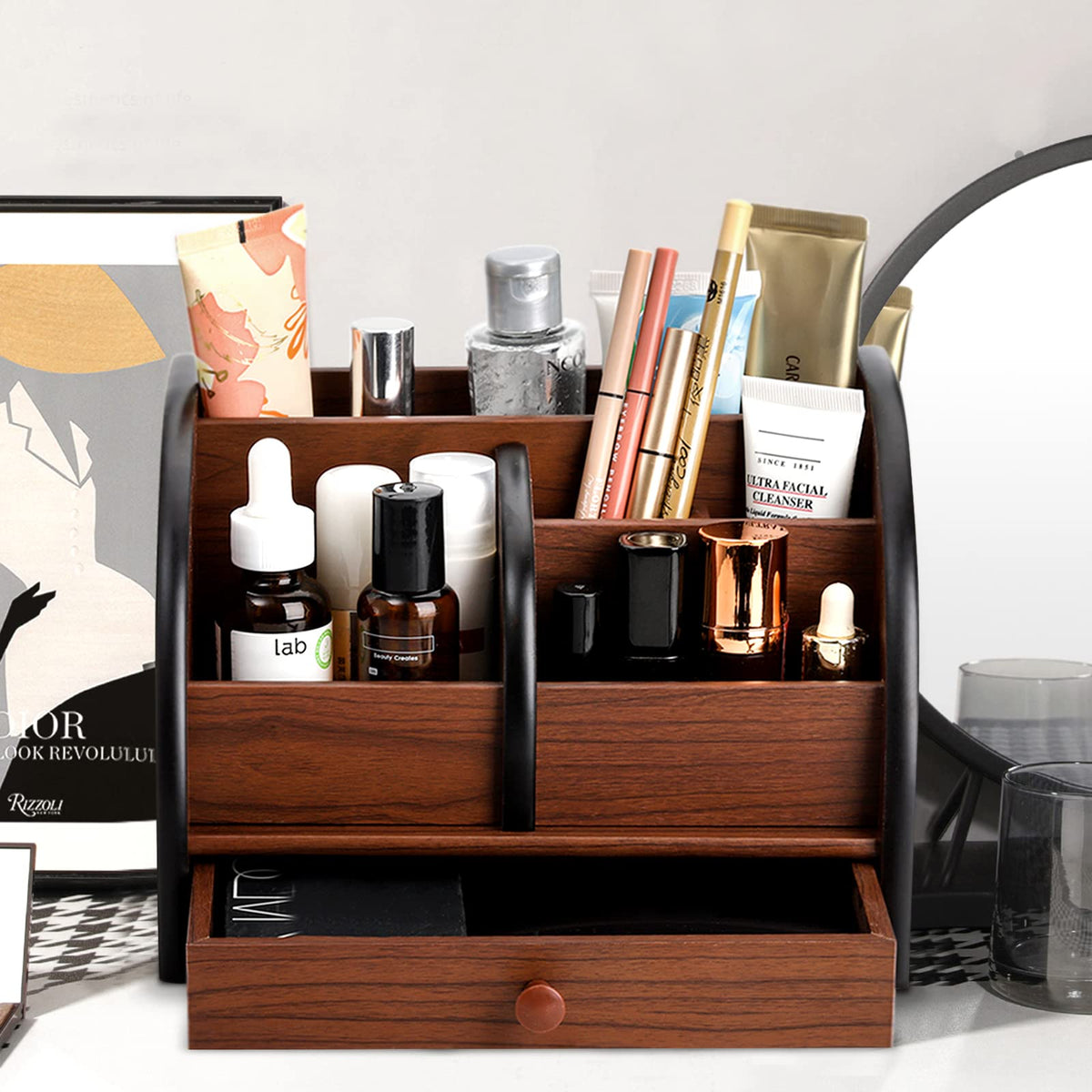 Foraineam Wooden Desk Organizer with Drawer, Remote Control Holder Caddy, Makeup Organizers, Wood