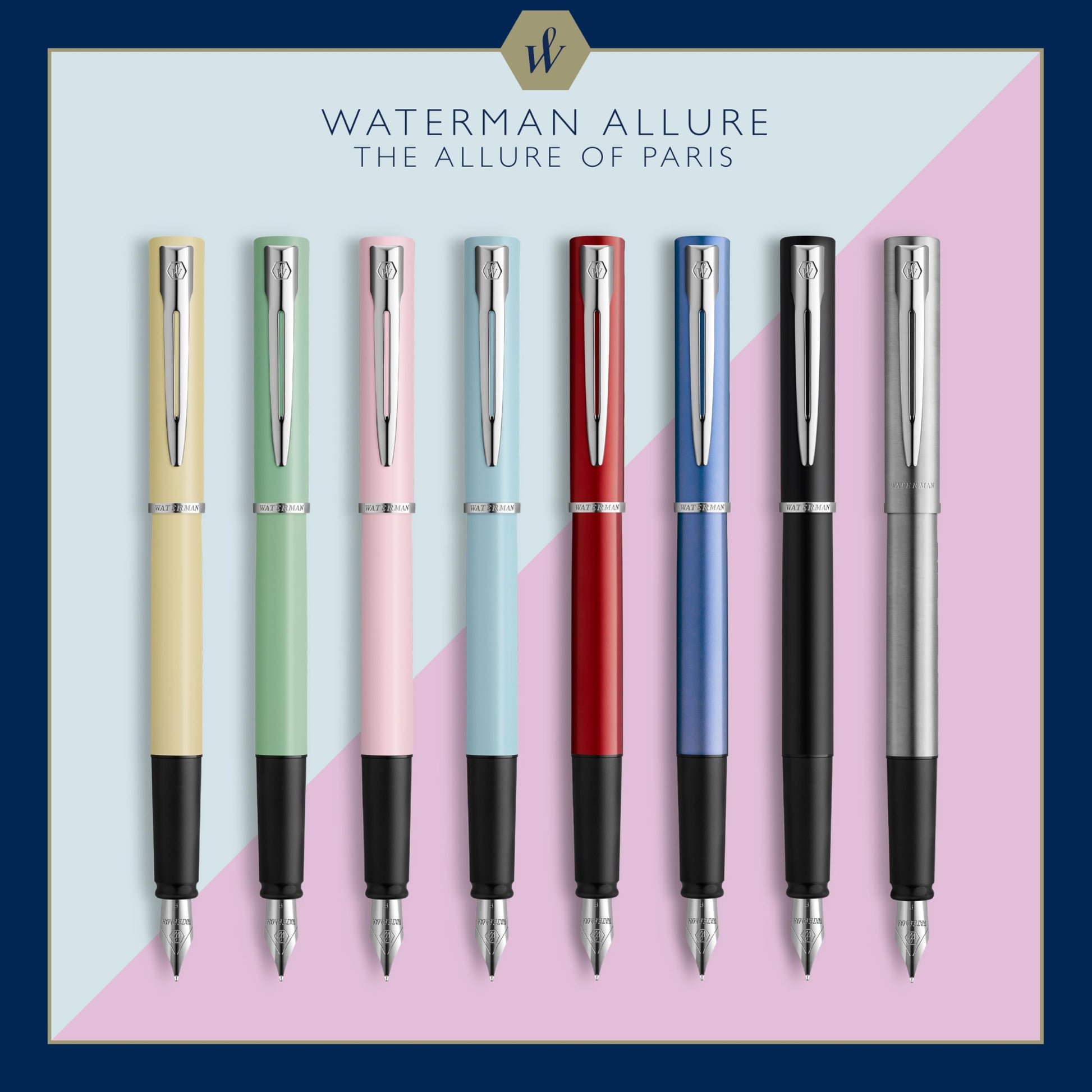Waterman Allure Fountain Pen | Stainless Steel | Fine Nib | Blue Ink