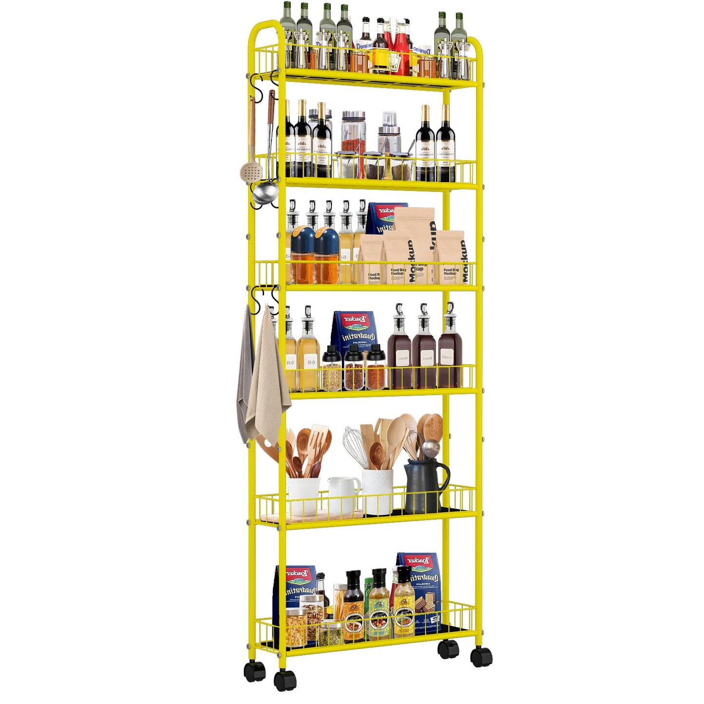 RUOZTEOO 6-Tier Slim Storage Cart with Wheels, Metal 6in Narrow Rolling Shelf, Sturdy Slim Storage