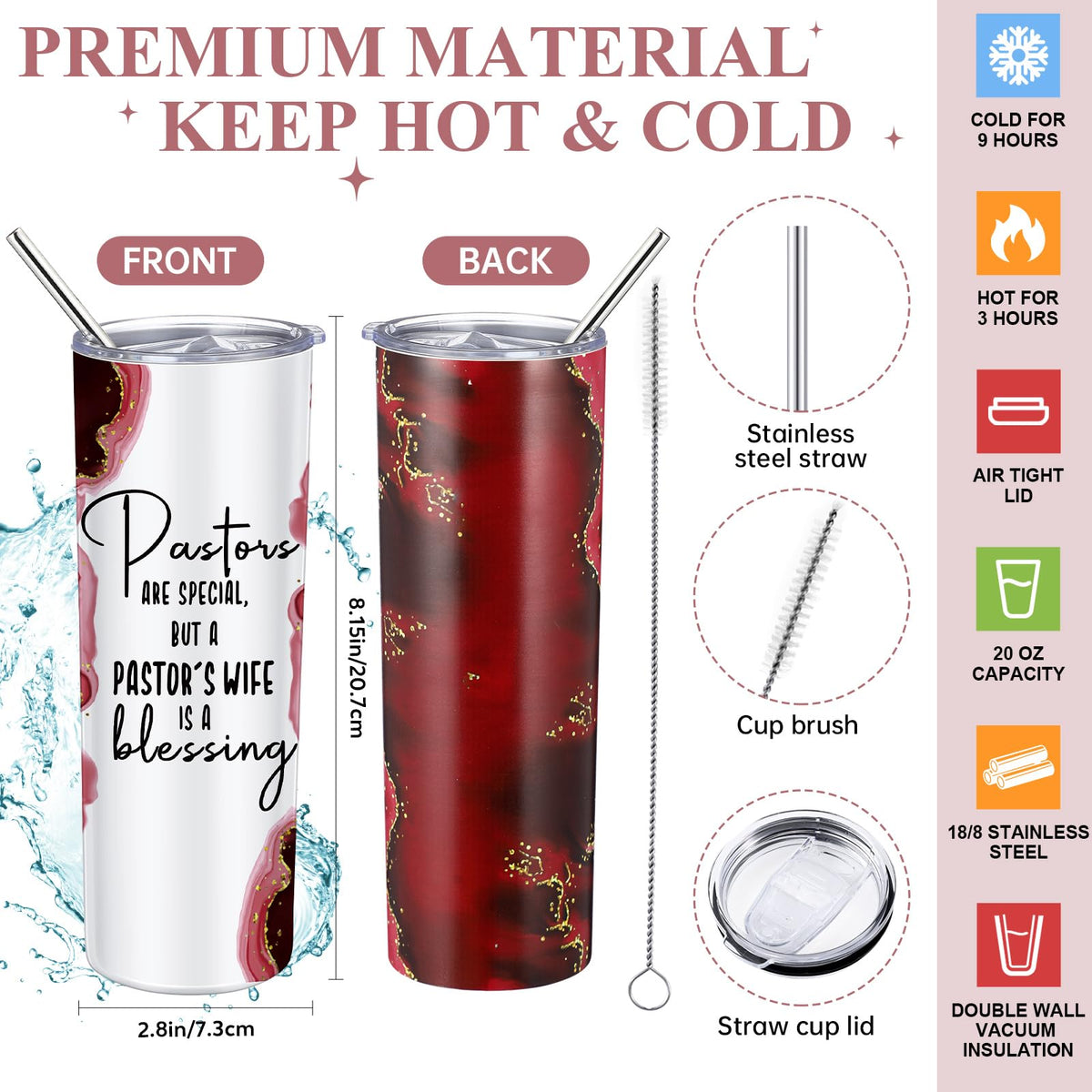 Watersay 6 Pcs Pastor's Wife Appreciation Gifts 20oz Marble Tumbler, Red