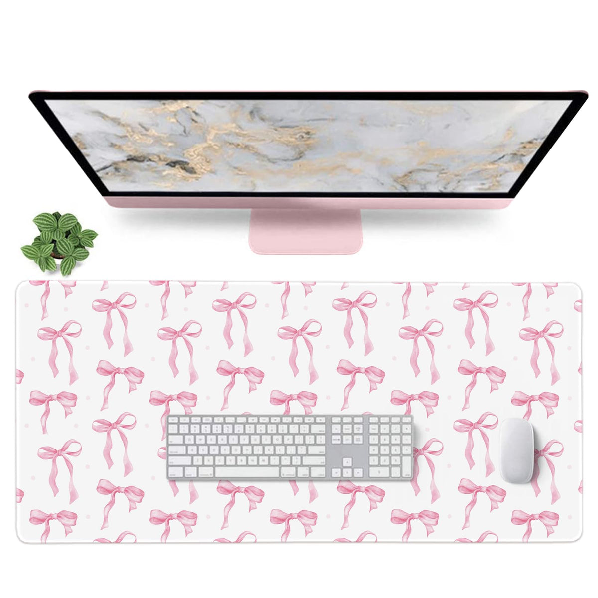 Pink Desk Mat, Bows Mouse Pad Computer Mat Desk Accessories 35.4 x 15.7in