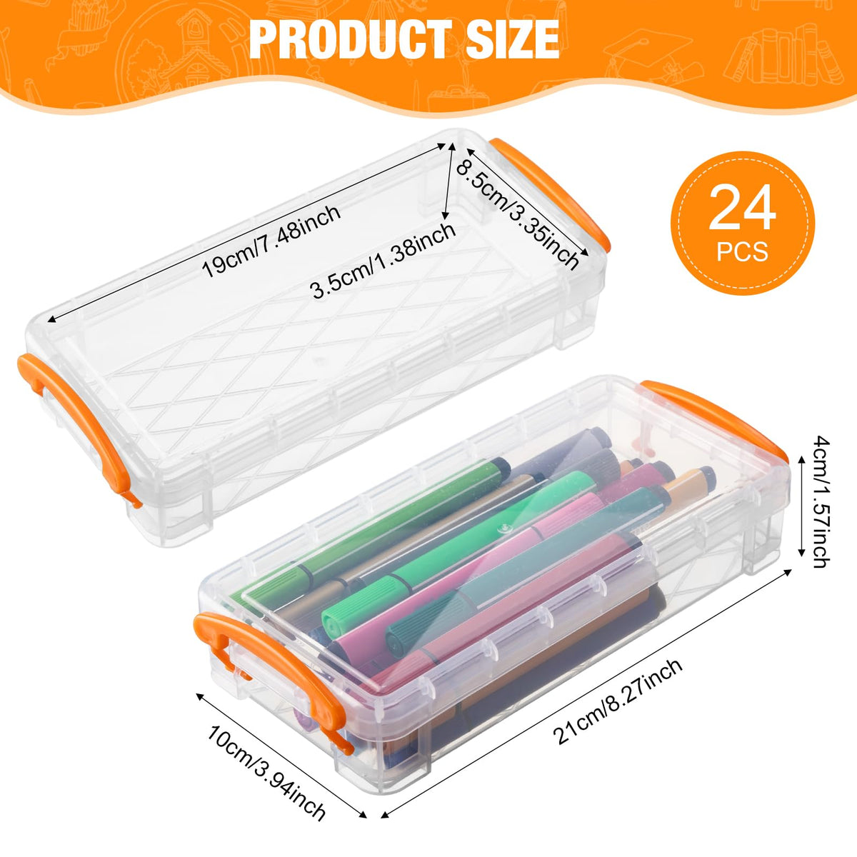 Gueevin 24 Pcs Pencil Box Clear Plastic Pencil Case, Orange