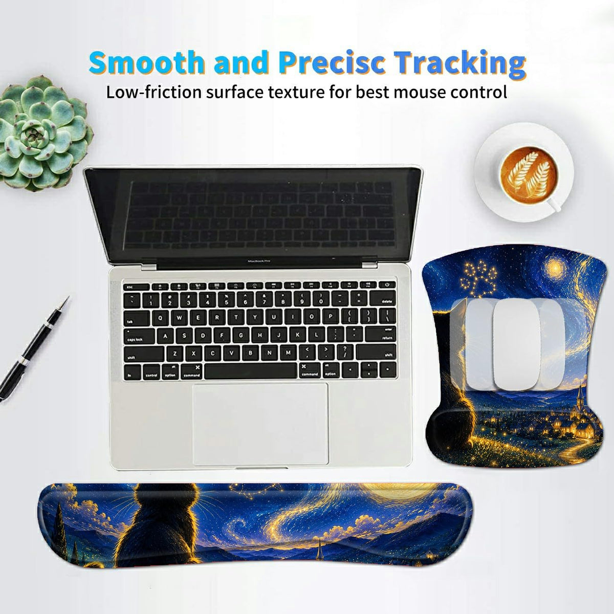 3-in-1 Ergonomic Memory Foam Keyboard Wrist Rest Pad Set, Constellation Cat