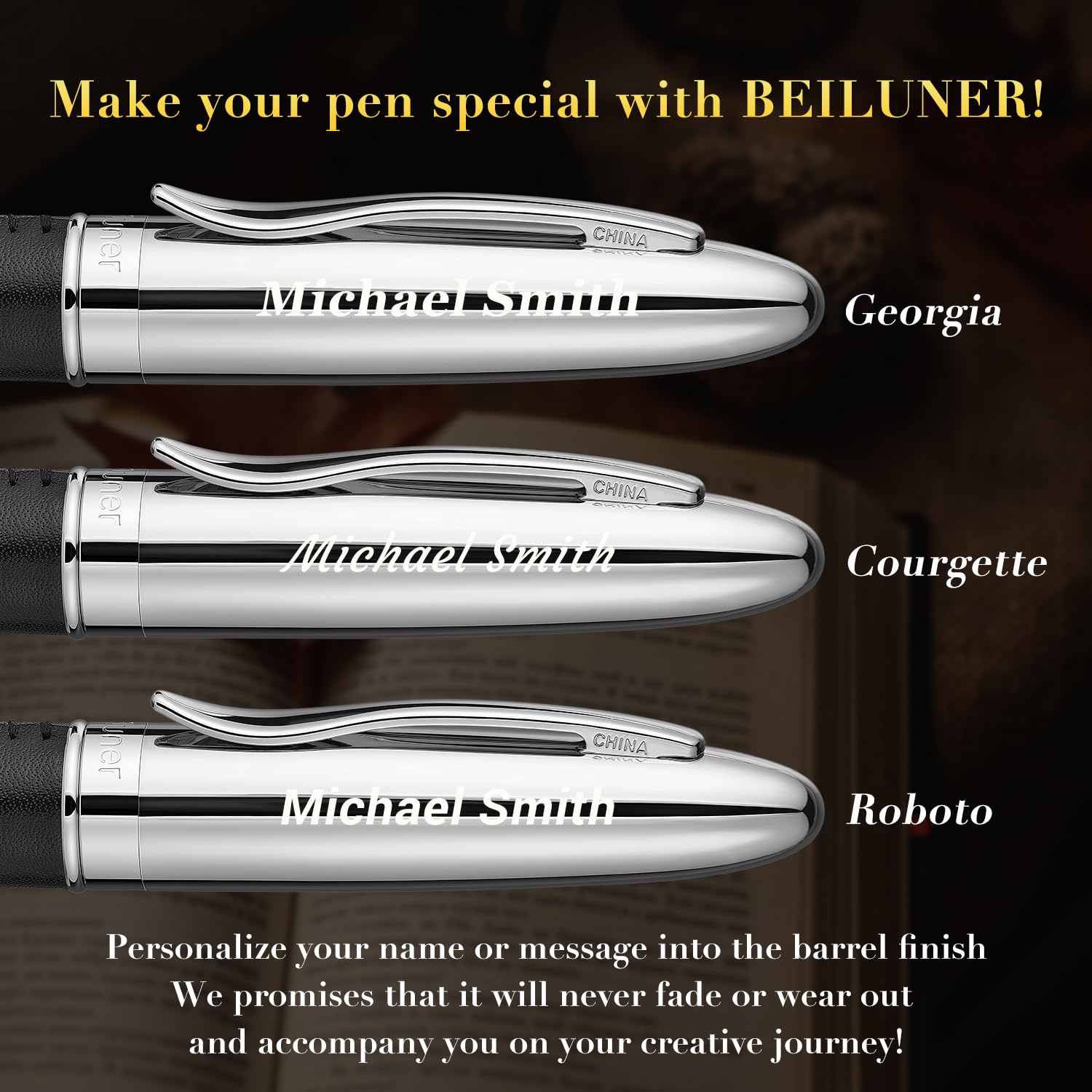 BEILUNER 318 Luxury Personalized Pen, Hand-Stitched Premium Black Leather