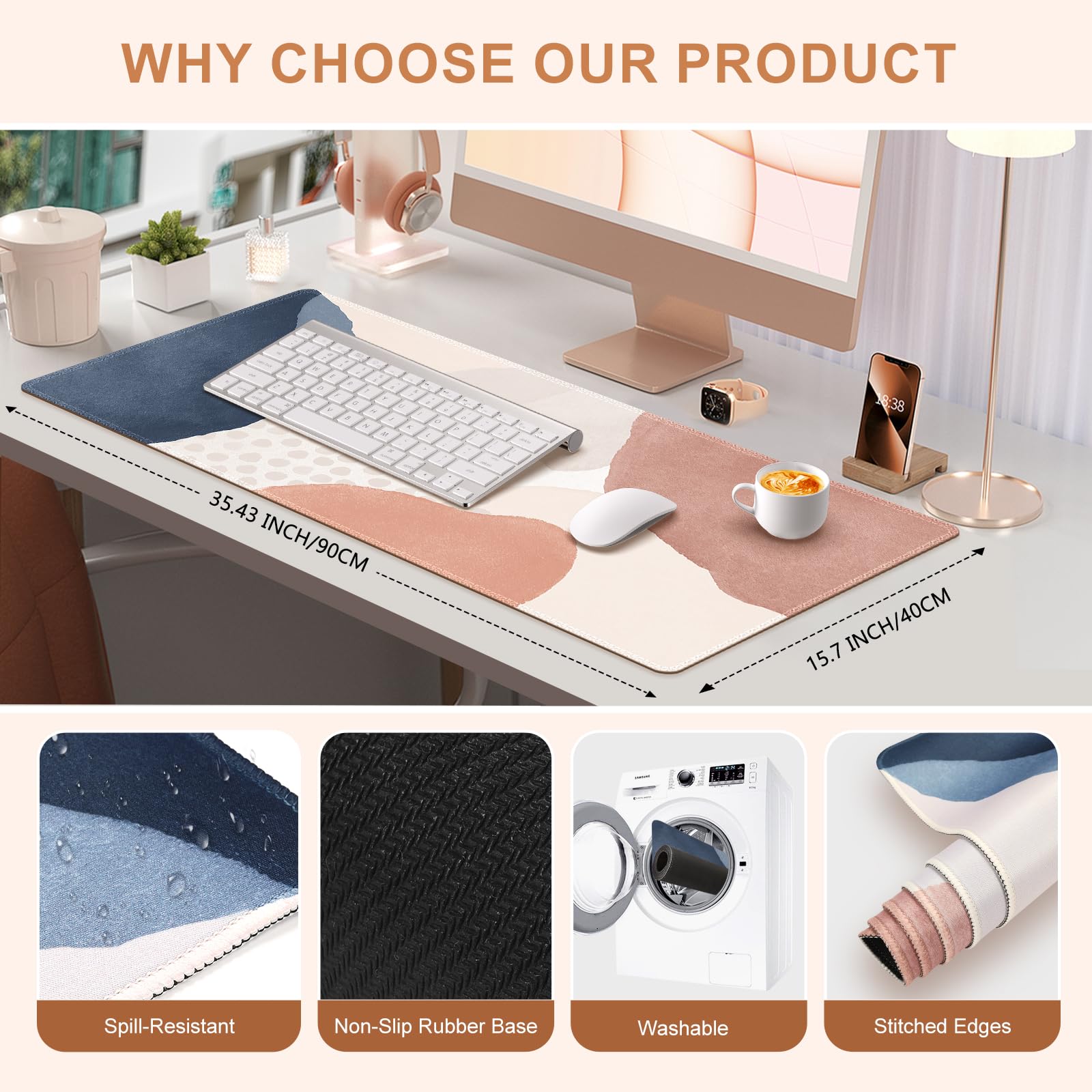HAOCOO Pink Desktop Mat, Non-Slip Large Desk Decor for Home Office