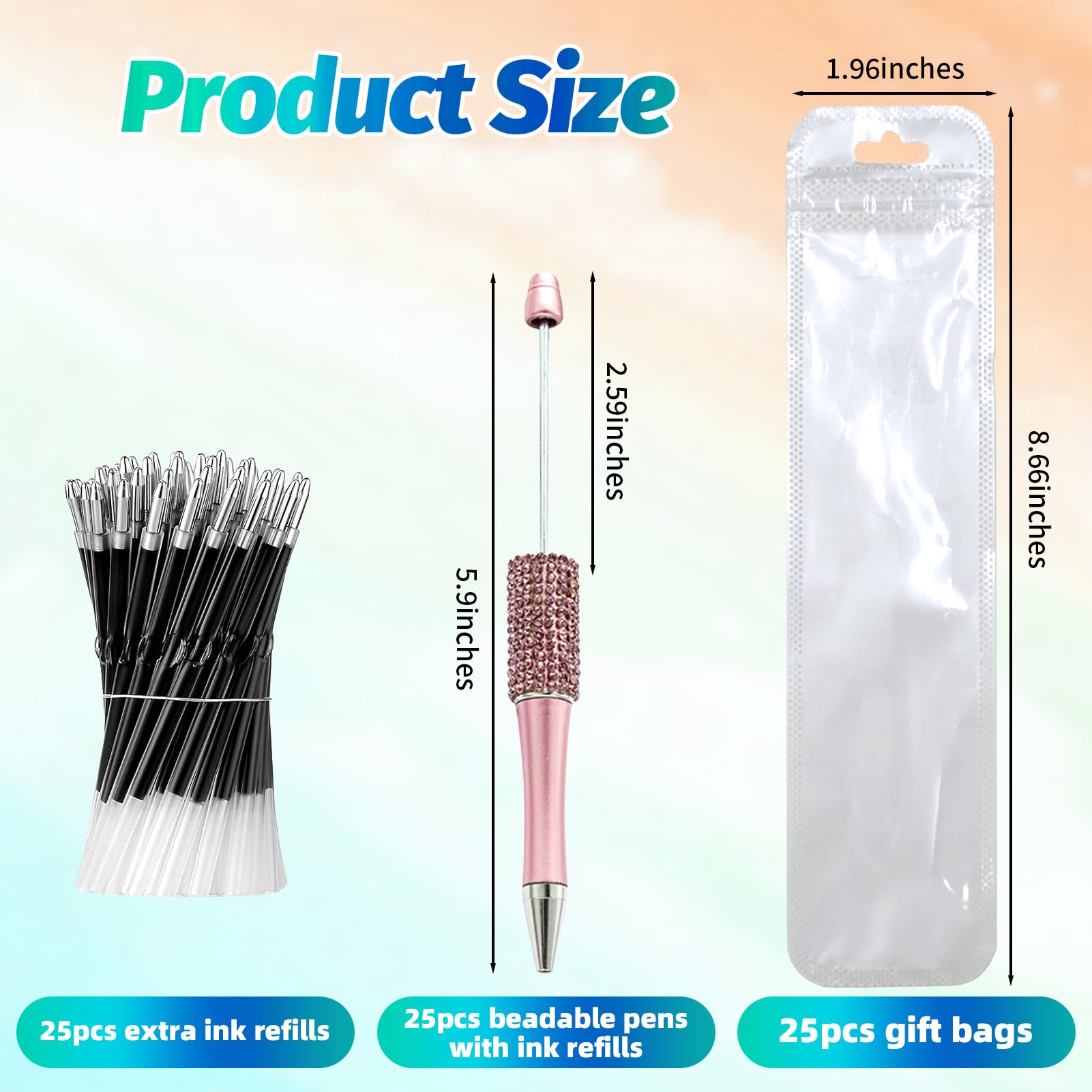 DASTTUIS 75 Pcs DIY Diamond Beadable Pen Kit - 25 Plastic Rhinestone Beaded Pens Bulk with Refills