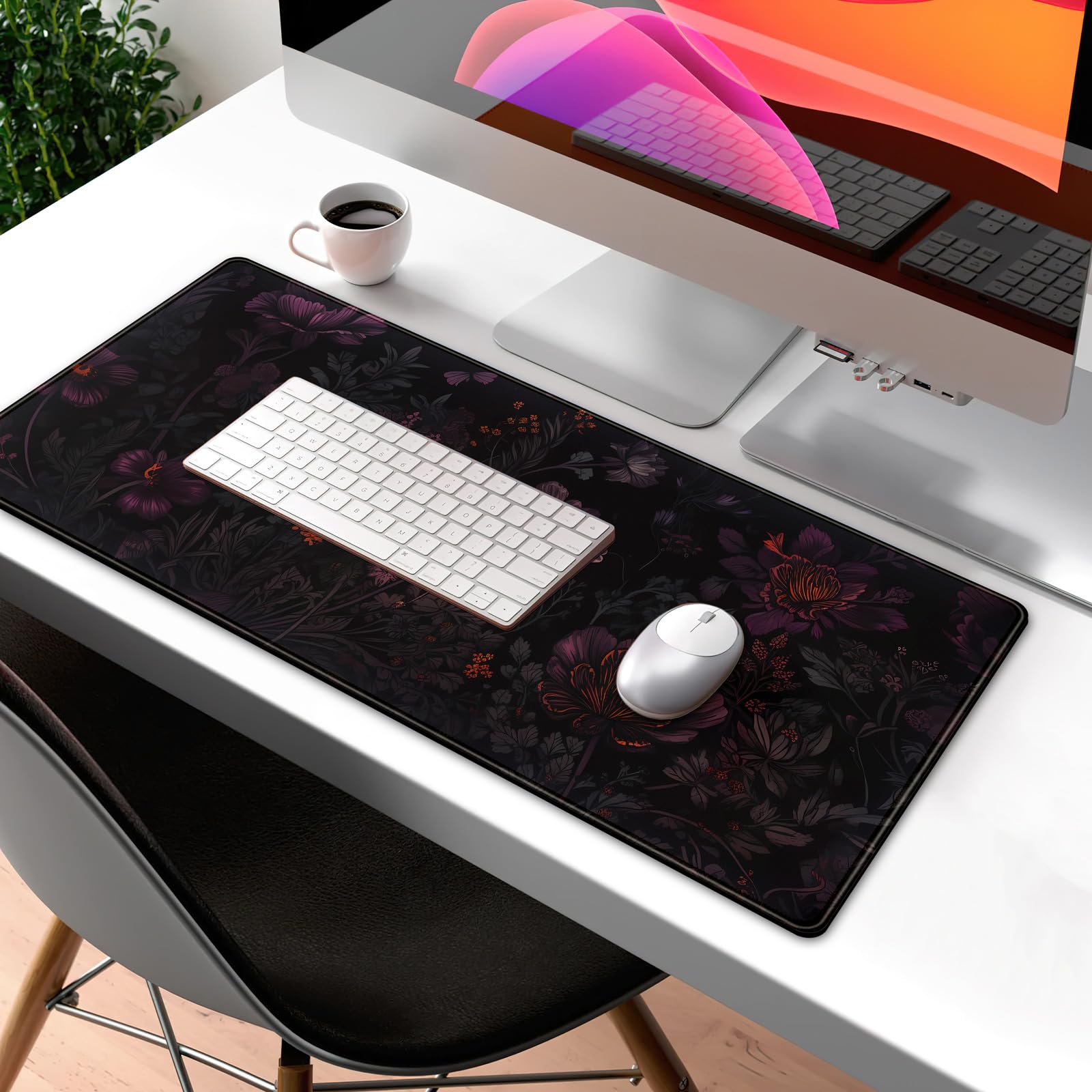 Dark Cottagecore Desk Mat Black Purple Flower XL Mouse Pad Large Gaming Mousepad Extended Vintage